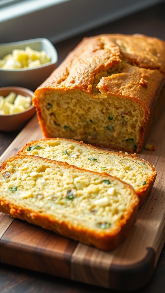 A loaf of zucchini pineapple bread sliced, showcasing its moist texture, on a wooden cutting board with crushed pineapple in the background.